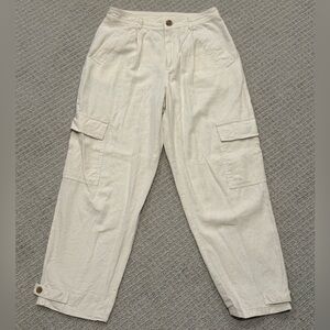 A New Day Size 4 Cream Linen Blend Cargo Pants Wide Leg Button Hem